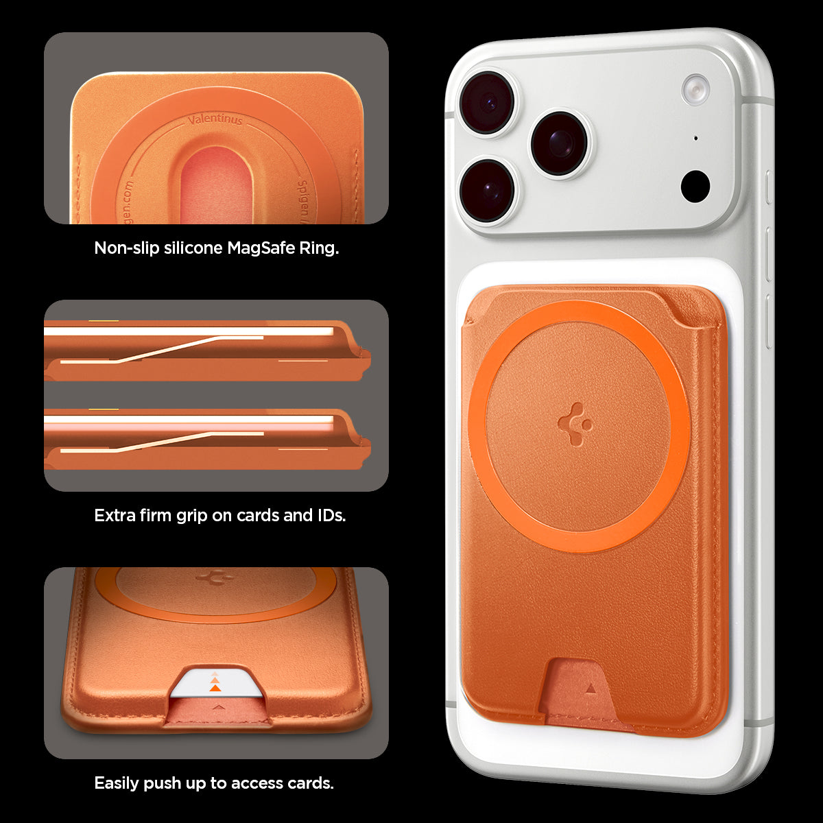 AFA11340 - MagSafe Card Holder Valentinus | 3 Cards (Mag Fit+) in Metallic Orange showing the spiderweb anti-slip molding, extra firm grip on the cards and IDs, easily push up to access cards