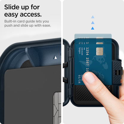 AFA08526 - MagSafe Card Holder Lock Fit (MagFit) in Metal Slate showing the slide up for easy access, built-in card guide lets you push and slide up with ease