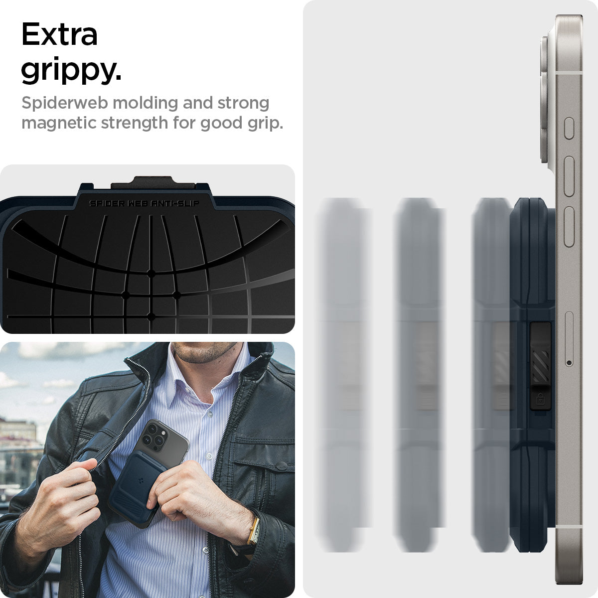 AFA08526 - MagSafe Card Holder Lock Fit (MagFit) in Metal Slate showing the extra grippy, spiderweb molding and strong magnetic strength for good grip