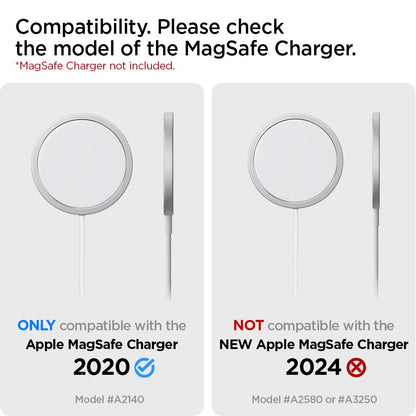AMP02563 - MagFit in white showing the compatibility, only compatible with the Apple MagSafe Charger 2020 and Not compatible with new Apple MagSafe Charger 2024