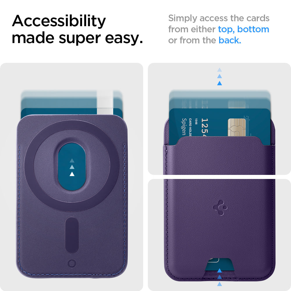 AFA06268 - MagSafe 3 Cards Holder Valentinus (MagFit) in purple showing the accessibility made super easy, simply access the cards from either top, bottom or from the back
