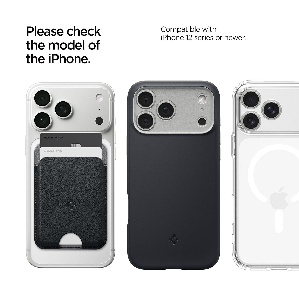 AFA06997 - MagSafe Card Holder Nano Pop (Mag Fit) in Black Sesame showing the compatibility. Compatible only with iPhone 12 series or newer