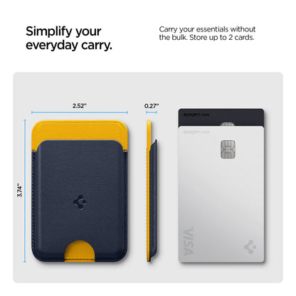 AFA06390 - MagSafe Card Holder Nano Pop (Mag Fit) in Blueberry Navy showing how it simplifies your everyday carry. Carry your essentials without the bulk. Store up to 2 cards. 3.74"x2.52"x0.27"