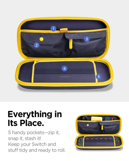AGP09565 - Nintendo Switch 2 Nano Pop Pro Blueberry Navy showing everything in its place. 5 handy pockets-zip it, snap it, stash it. Keep your switch and stuff tidy and ready to roll