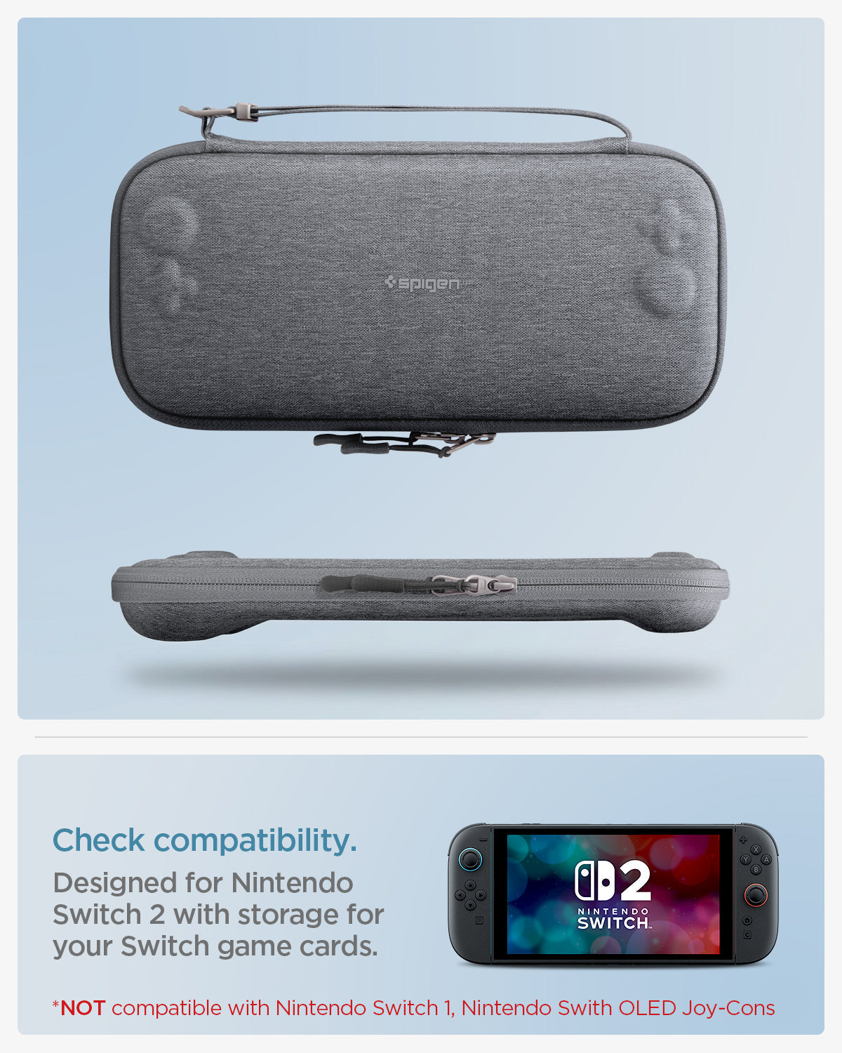 AGP10197 - Nintendo Switch 2 Klasden Pouch 2 in Charcoal Gray showing the compatibility. Designed for Nintendo Switch 2 with storage for your Switch game cards. Not compatible with Nintendo Switch 1, Nintendo Switch OLED Joy-Cons.