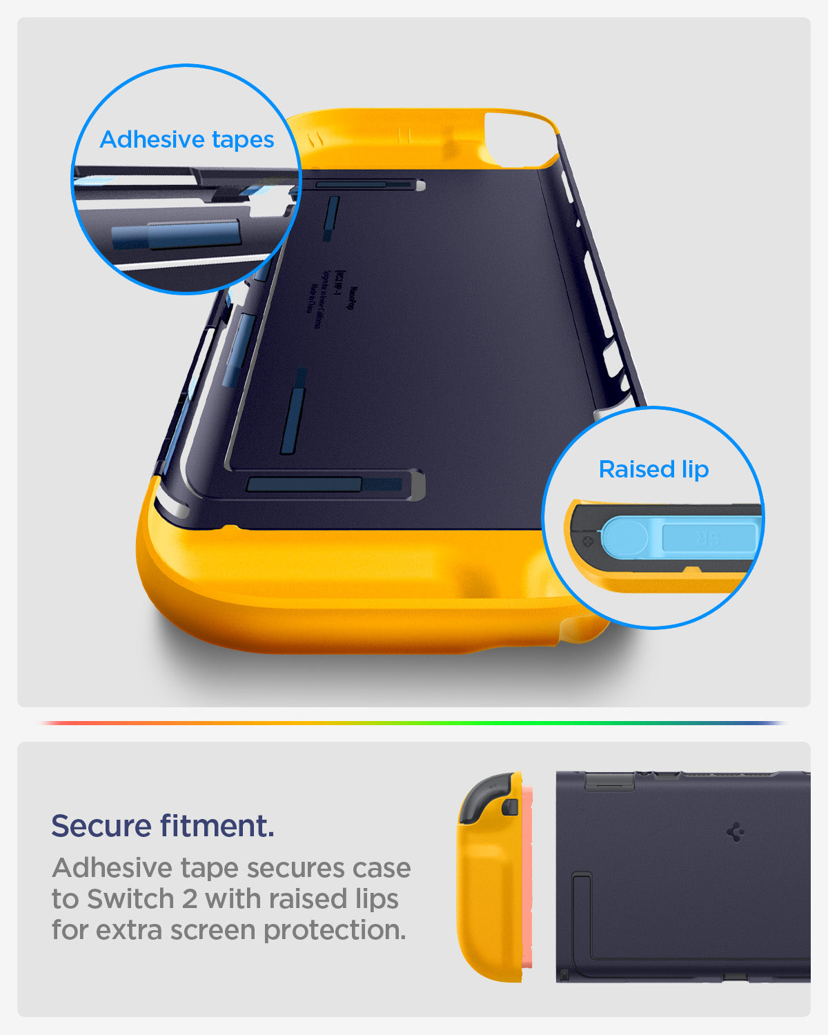 ACS10205 - Nintendo Switch 2 Case Nano Pop in Blueberry Navy showing secure fitment. adhesive tape secures case to switch 2 with raised lips for extra screen protection