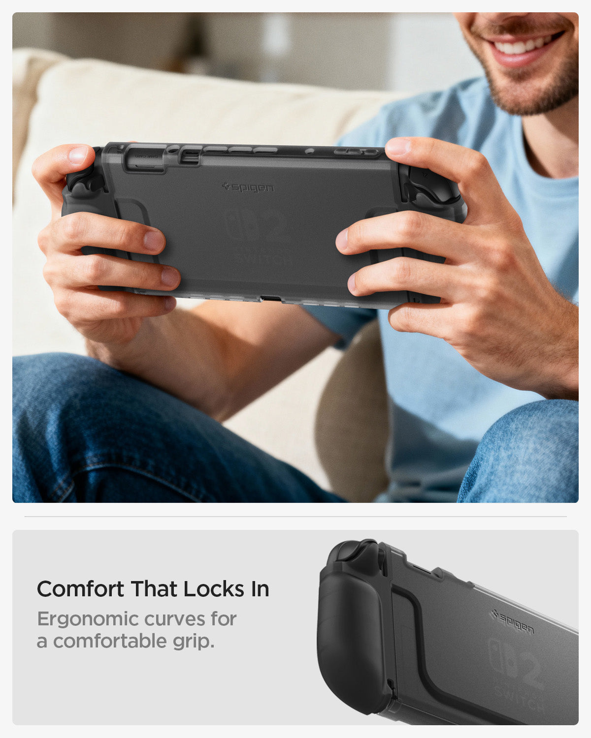 ACS10167 - Nintendo Switch 2 Ultra Hybrid case ergonomic grip in use showing comfortable hand fit during gameplay
