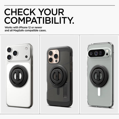 AMP08822 - O-Mag Magnetic Phone Holder (MagFit) OM102 in Black showing the compatibility. Works with iPhone 12 or newer and all MagSafe compatible cases