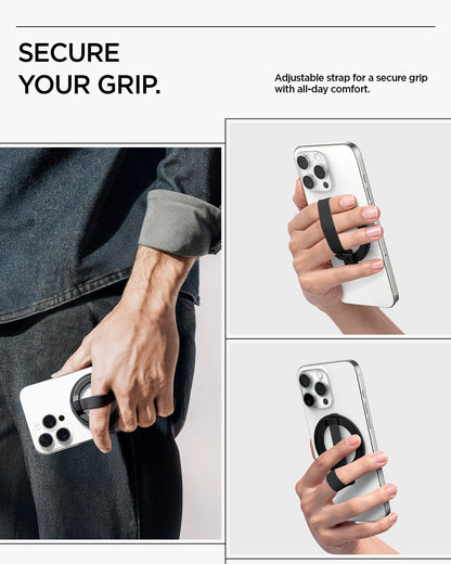 AMP08551 - O-Mag Magnetic Phone Holder (MagFit) | OM103 in Black showing secure your grip. adjustable for secure grip with all day comfort