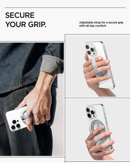 AMP10193 - O-Mag Magnetic Phone Holder (MagFit) | OM103 in Silver showing secure your grip. adjustable for secure grip with all day comfort
