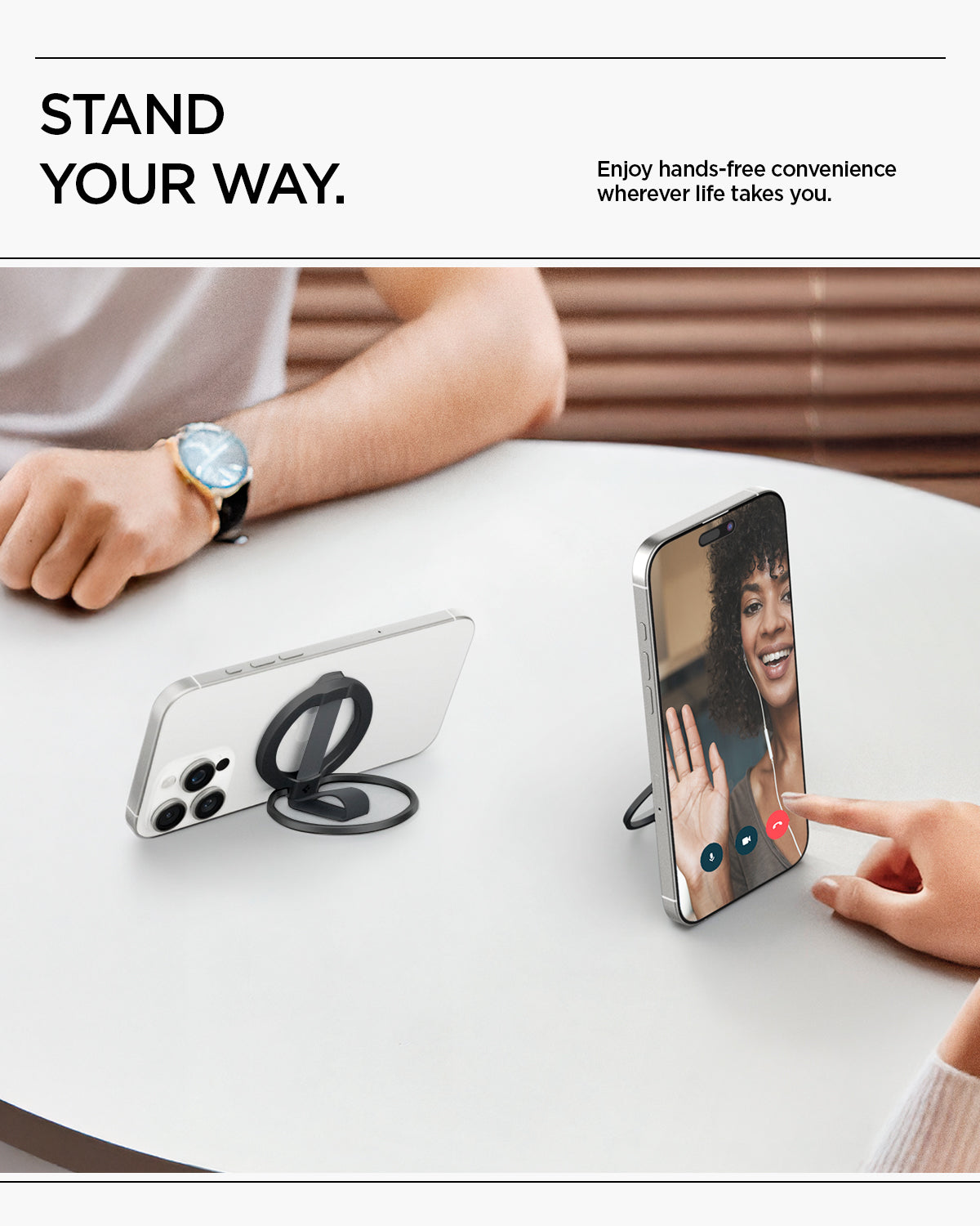 AMP08551 - O-Mag Magnetic Phone Holder (MagFit) | OM103 in Black showing stand your way. enjoy hands free convenience wherever life takes you