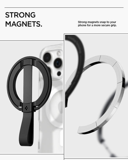 AMP08551 - O-Mag Magnetic Phone Holder (MagFit) | OM103 in Black showing strong magnets. strong magnets snap to your phone for a more secure grip