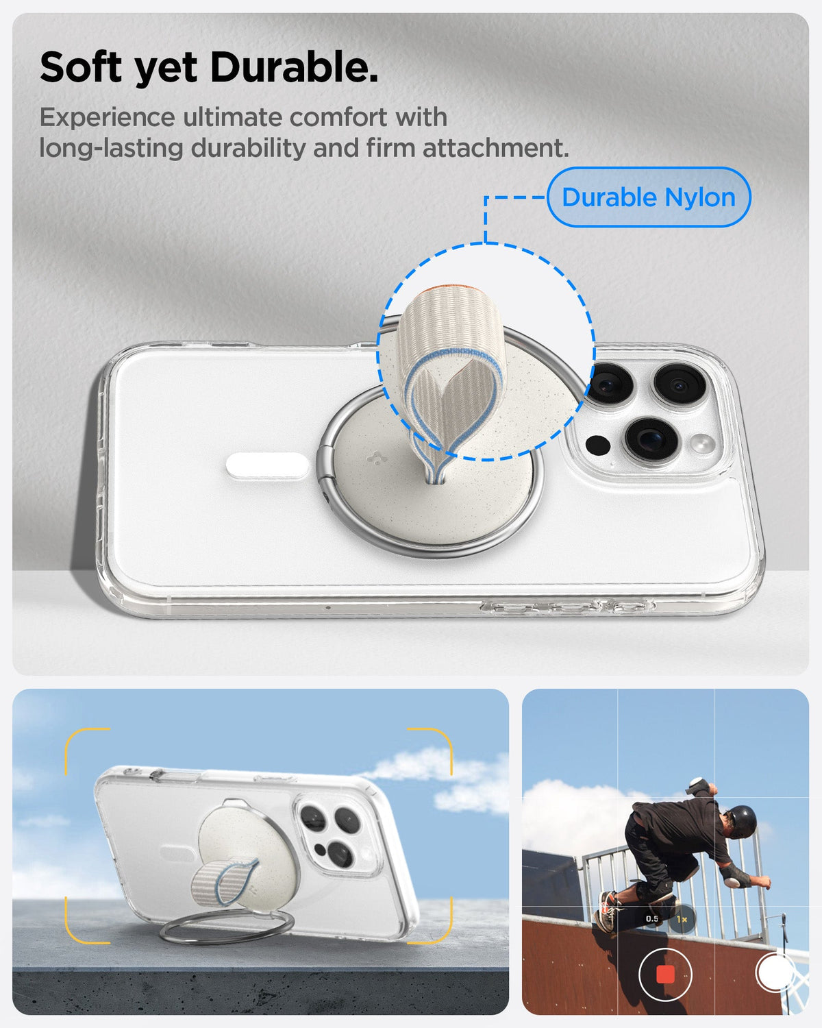 AMP09176 - O-Mag Magnetic Phone Holder (MagFit) OM104 in Dune Beige showing the soft yet durable. Experience ultimate comfort with long-lasting durability and firm attachment. Made with durable nylon