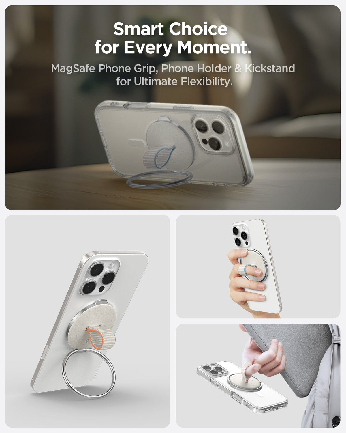 AMP09176 - O-Mag Magnetic Phone Holder (MagFit) OM104 in Dune Beige showing the smart choice for every moment. MagSafe Phone Grip, Phone Holder and Kickstand for Ultimate Flexibility
