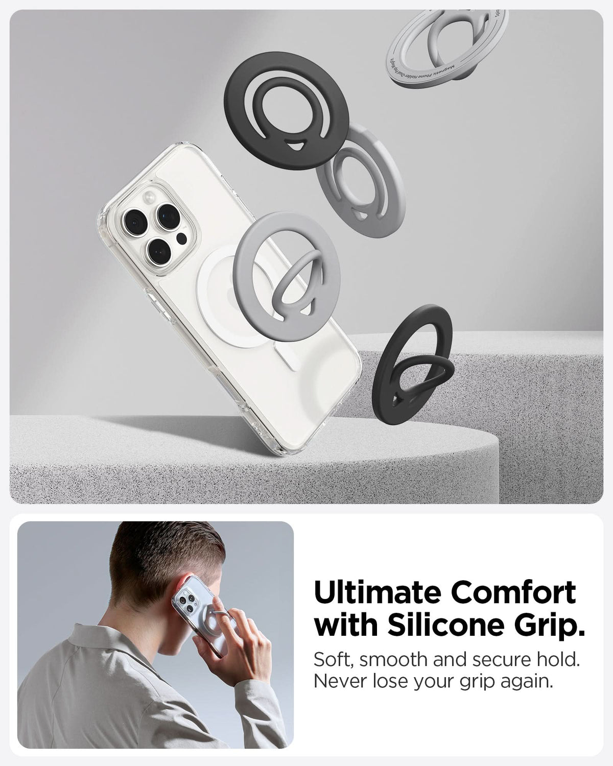 AMP08887 - O-Mag | Dual Pop (Mag Fit) OM105 in Gray showing ultimate comfort with silicone grip