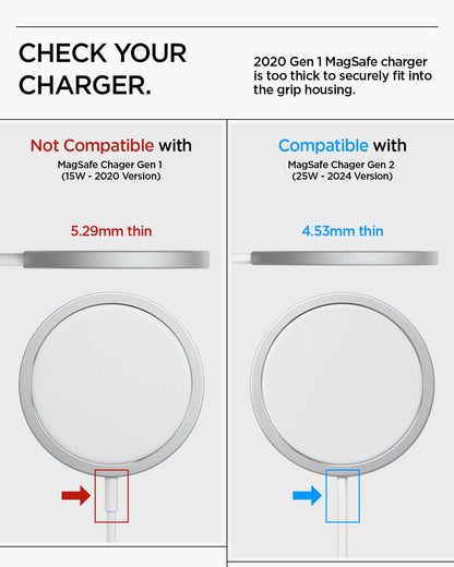 AMP10137 - O-Mag Charging Grip (MagFit) | OM107 in Black showing check your charger. 2020 gen 1 magsafe charger is too thick to securely fit into the grip housing