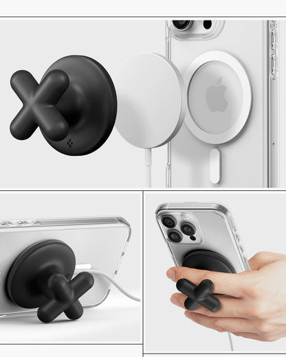 AMP10137 - O-Mag Charging Grip (MagFit) | OM107 in Black showing charging pad attach with magfit case and stand