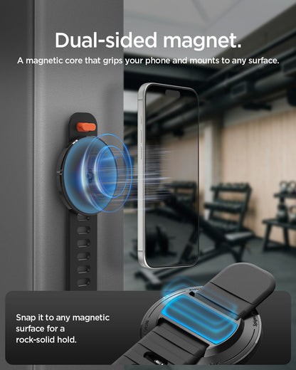 AMP11740 - Stroller Mount | OM200 (Mag Fit) showing the dual-sided magnetic mount holding a phone while attached to a metal surface