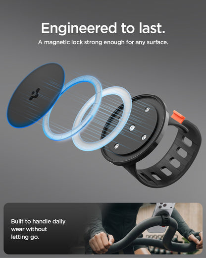 AMP11740 - Stroller Mount | OM200 (Mag Fit) showing an exploded view of the magnetic mount components and the mount secured to exercise equipment