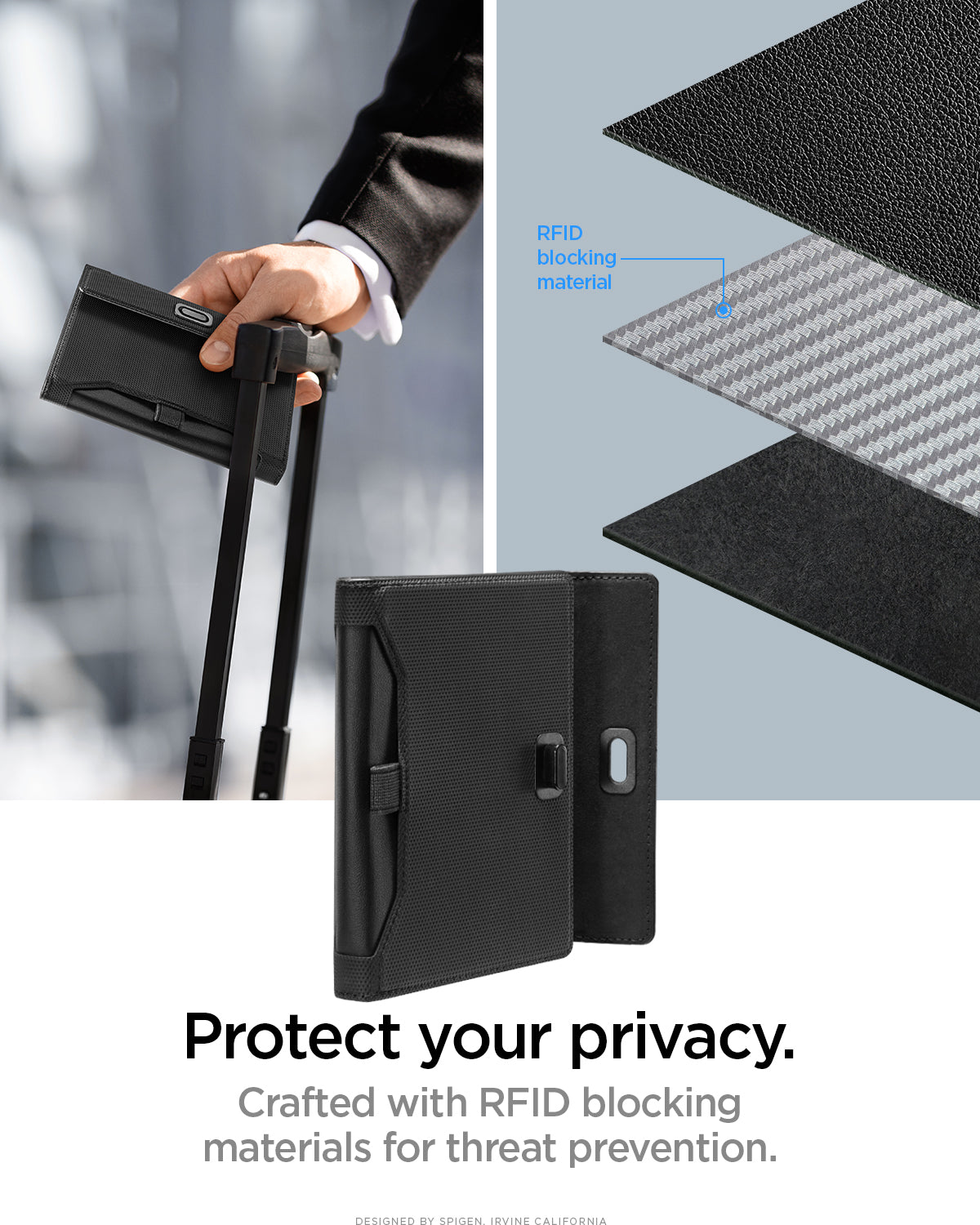 AFA08852 - Passport Holder AirTag in Black showing the protect your privacy. Crafted with RFID blocking materials for threat prevention