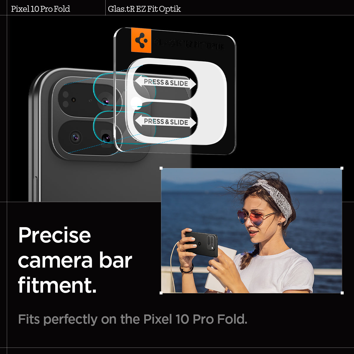 AGL09664 - Pixel 10 Pro Fold Optik EZ Fit Lens Protector fits perfectly on the pixel 10 pro fold. precise camera bar fitment.