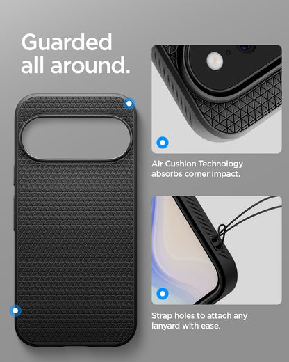 ACS11428 - Pixel 11 Pro Liquid Air Matte Black close up highlighting Air Cushion Technology, raised edges, and integrated strap holes.