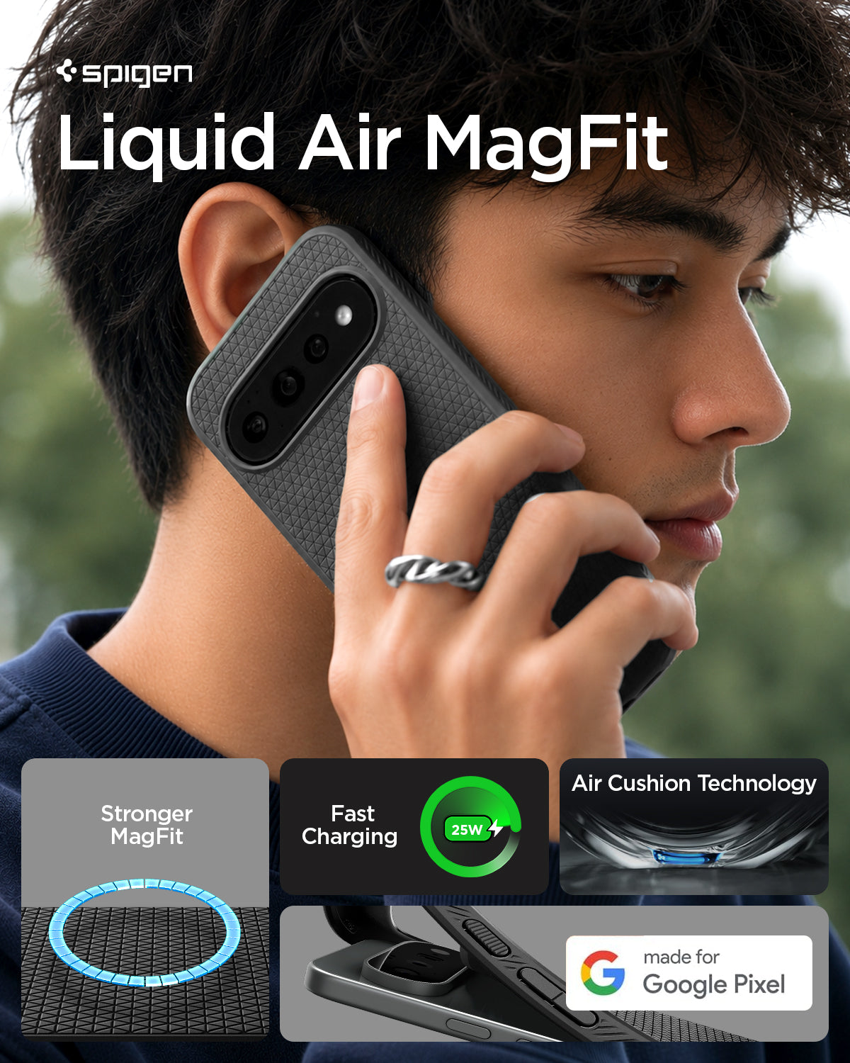 ACS11429 - Pixel 11 Pro Liquid Air (Mag Fit) Matte Black person holding the Liquid Air MagFit case featuring a geometric textured pattern, built in magnetic ring, and Air Cushion Technology.