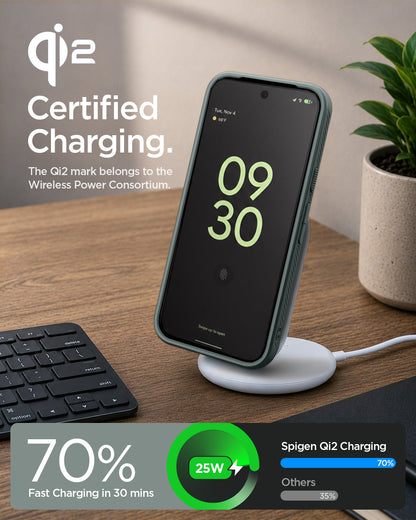 ACS11858 - Pixel 11 Pro Liquid Air (Mag Fit) Abyss Green Google Pixel device charging on a wireless charger with the Qi2 certified case installed.