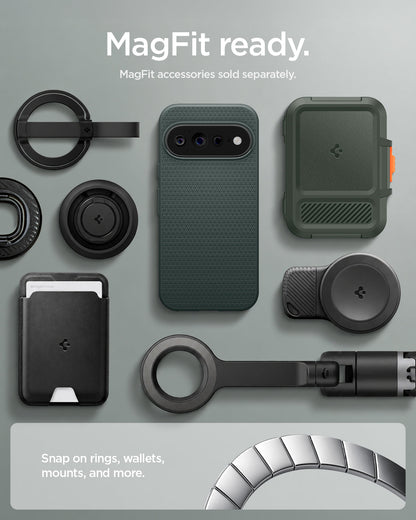 ACS11858 - Pixel 11 Pro Liquid Air (Mag Fit) Abyss Green case shown with compatible magnetic accessories including a wallet, charger, ring grip, and car mount.