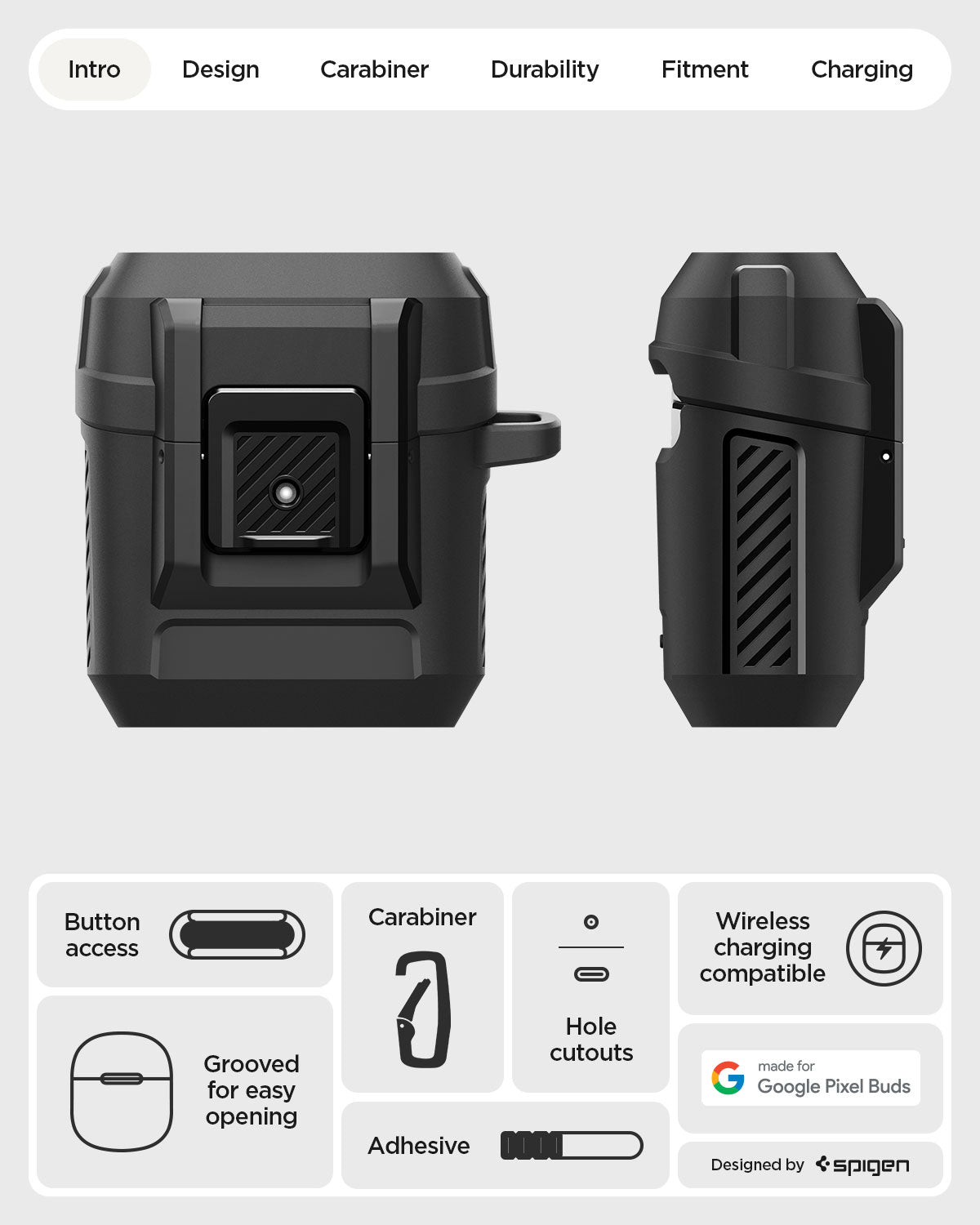 ACS09481 - Pixel Buds 2a Case Lock Fit in black showing the case overview. Button access, grooved for easy opening, carabiner, adhesive, hole cutouts and wireless charging compatible