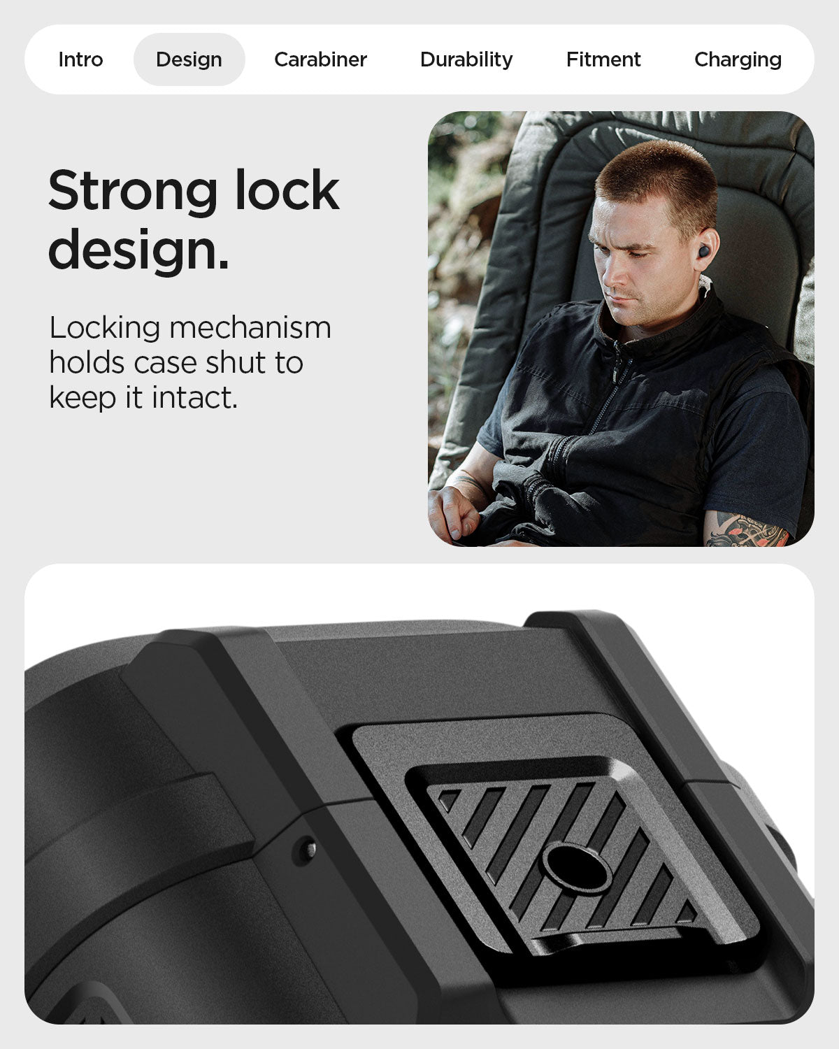 ACS09481 - Pixel Buds 2a Case Lock Fit in black showing the strong lock design. Locking mechanism holds case shut to keep it intact