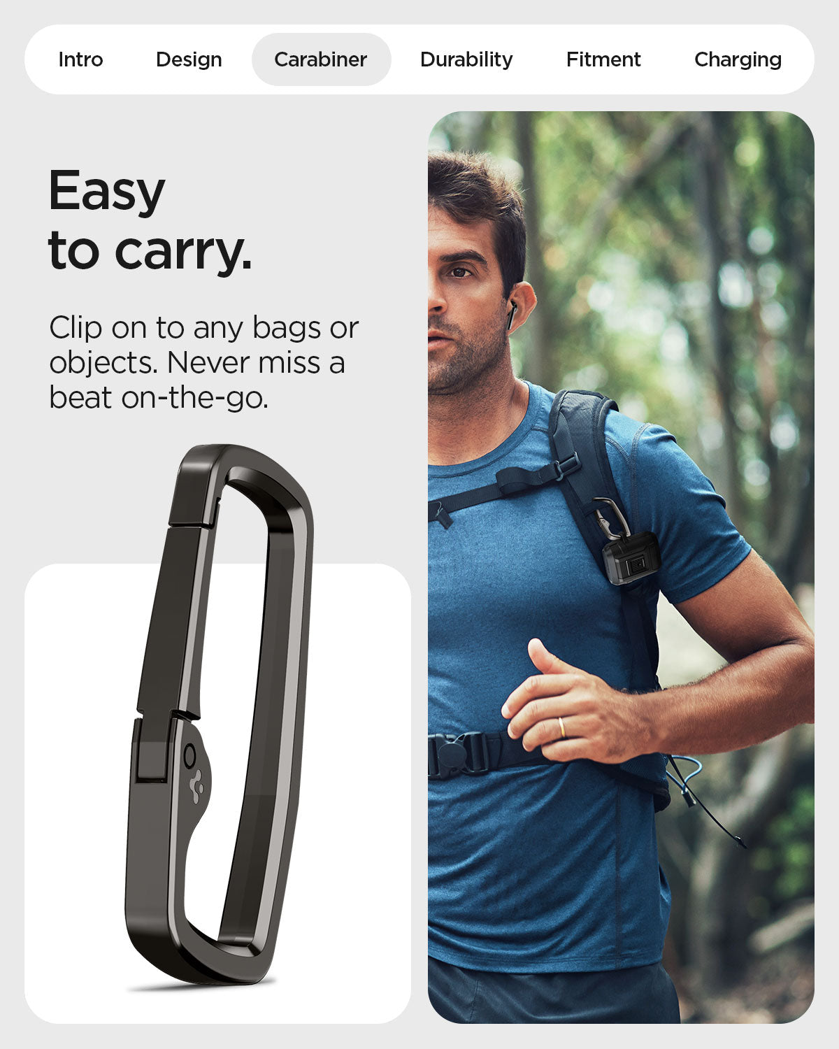 ACS09481 - Pixel Buds 2a Case Lock Fit in black showing the easy to carry ability. Clip on to any bags or objects. Never miss a beat on the go