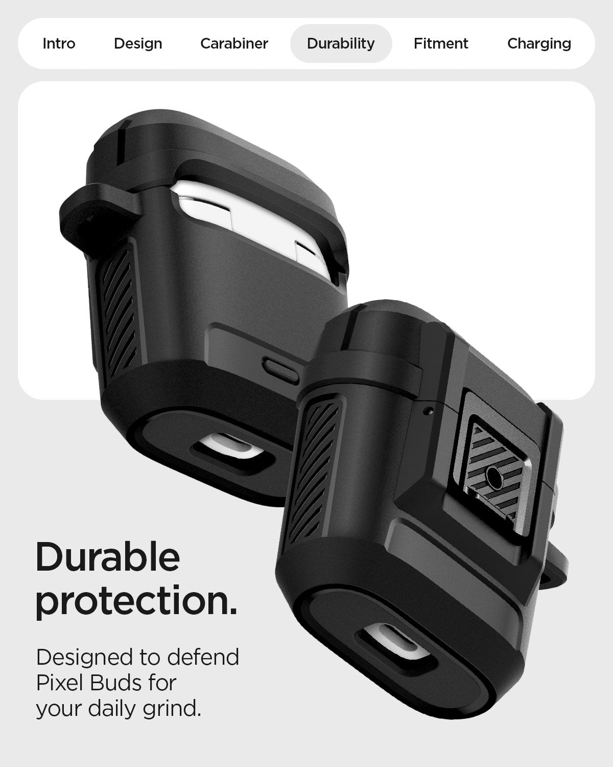 ACS09481 - Pixel Buds 2a Case Lock Fit in black showing the durable protection. Designed to defend pixel buds for your daily grind