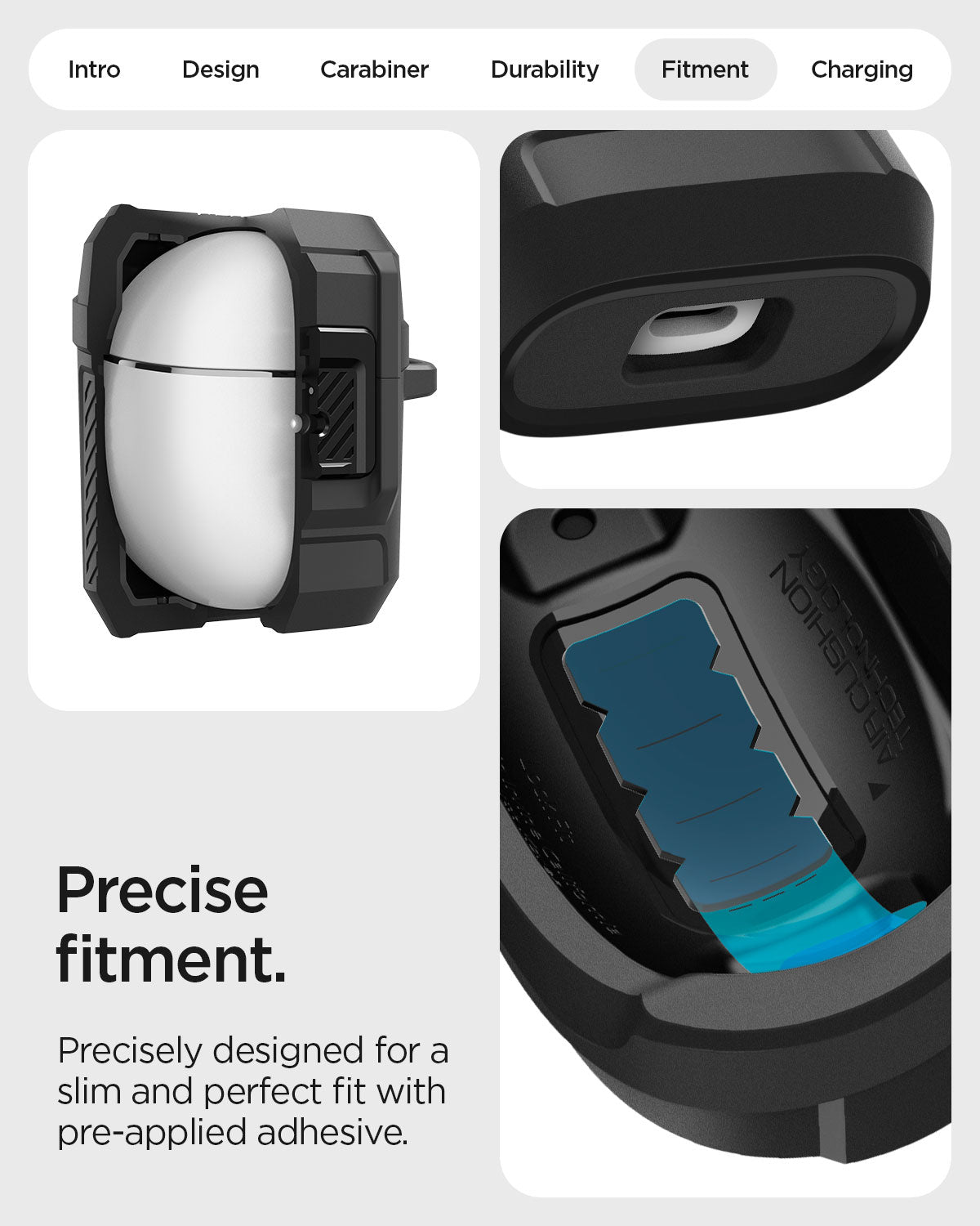 ACS09481 - Pixel Buds 2a Case Lock Fit in black showing the precise fitment. Precisely designed for a slim and perfect fit with pre-applied adhesive