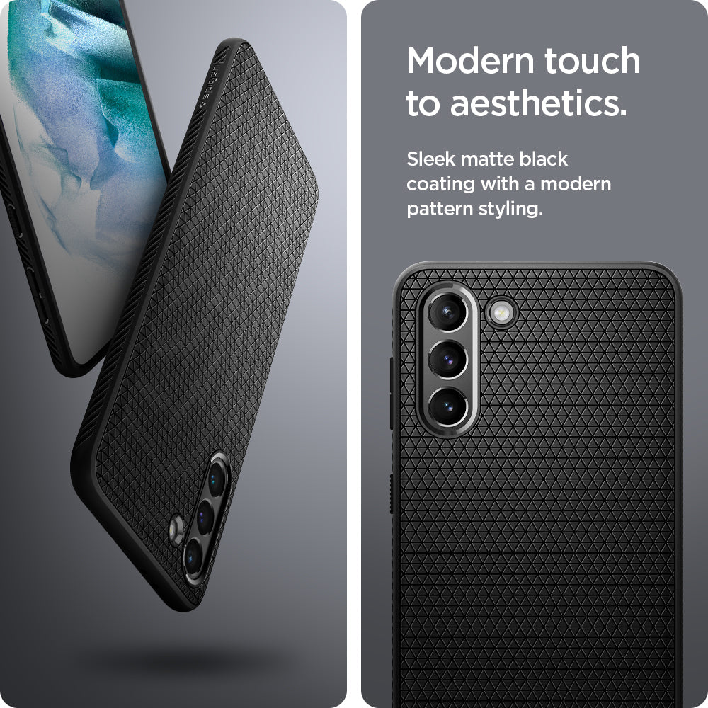 ACS02422 - Galaxy S21 Liquid Air Case in matte black showing the modern touch to aesthetics. Sleek matte black coating with a modern pattern style