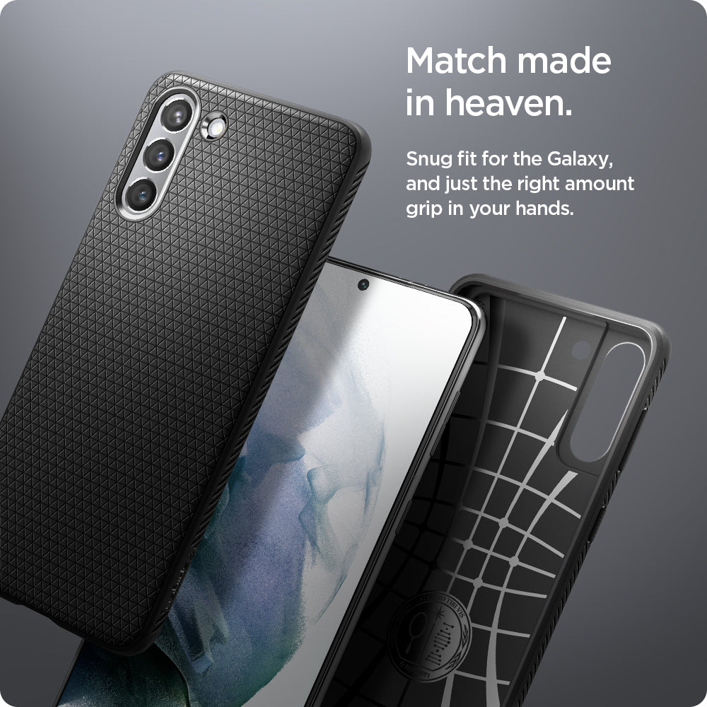 ACS02422 - Galaxy S21 Liquid Air Case in matte black showing the match made in heaven. Snug fit for the Galaxy, and just the right amount of grip in your hands