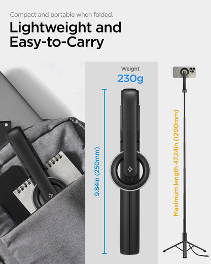 AMP07659 - Tripod Selfie Stick (Mag Fit) | S580W in Black showing the S580W selfie stick in folded compact form at 9.84in (250mm) and 230g alongside a backpack carrying shot and a full-length view at maximum extended length of 47.24in (1200mm).