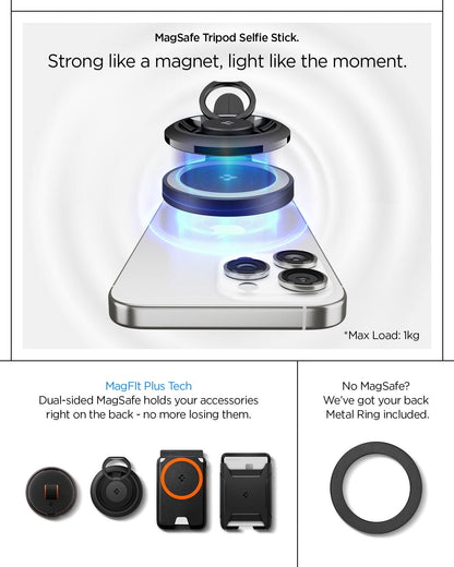 AMP09534 - s581w selfie stick magfit in black magsafe tripod selfie stick. Strong like a magnet, light like the moment. Max load 1kg. Magfit plus tech dual sided magsafe holds your accessories right on the back - no more losing them. No magsafe? we've got your back metal ring included.