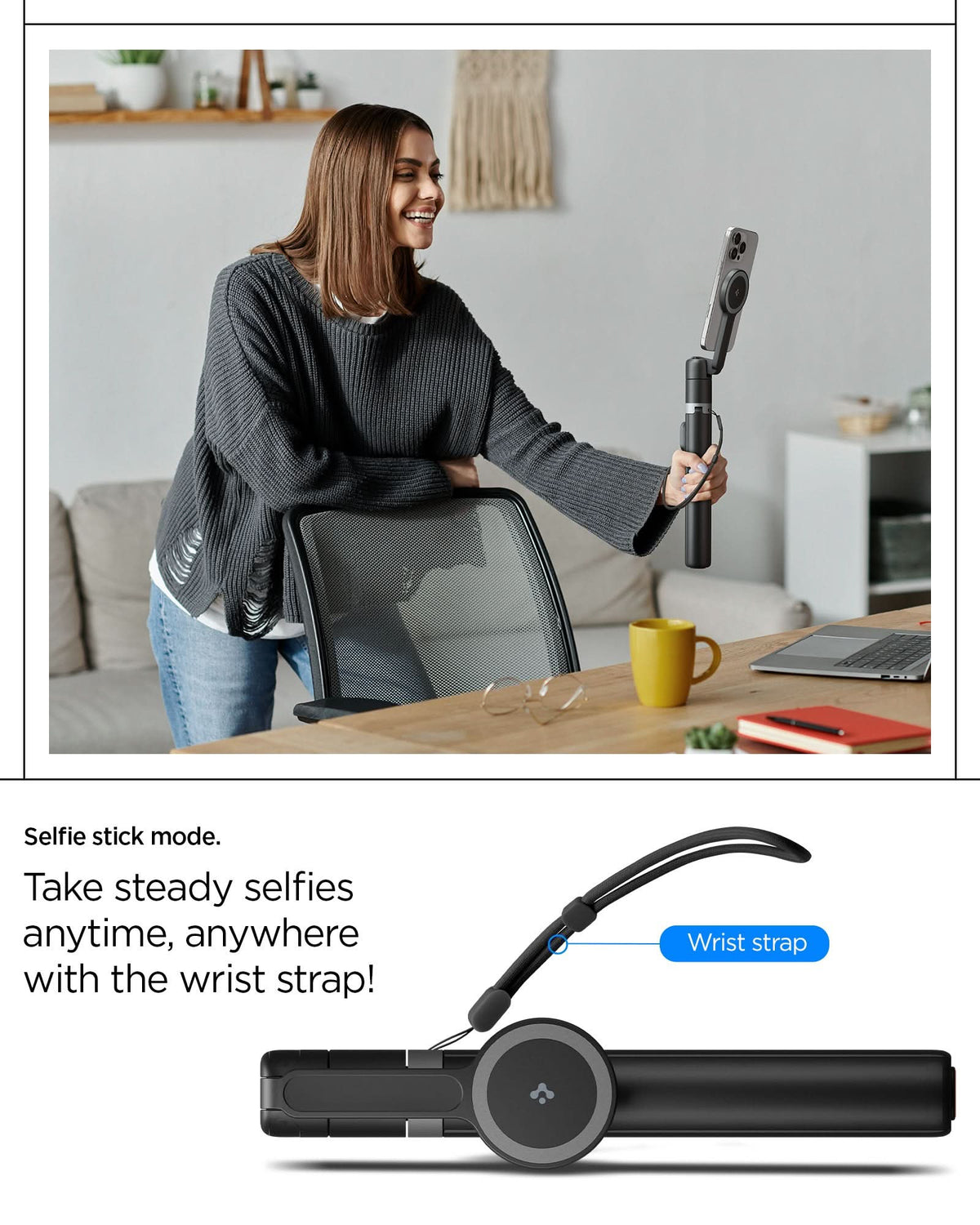 AMP09534 - s581w selfie stick magfit in black selfie stick mode. take steady selfies anytime, anywhere with the wrist strap.
