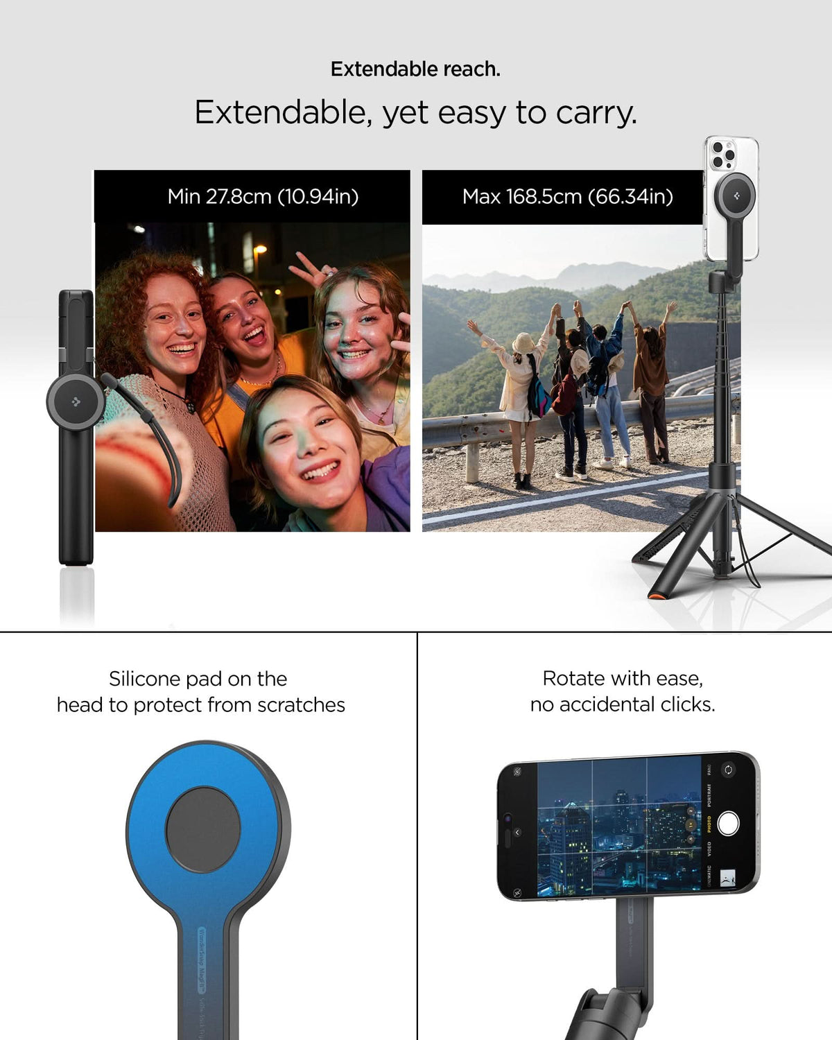 AMP09534 - s581w selfie stick magfit in black extendable reach. extendable, yet easy to carry. min 27.8cm=10.94in, max 168.5cm = 66.34in. silicone pad on the head to protect from scratches. Rotate with ease, no accidental clicks.