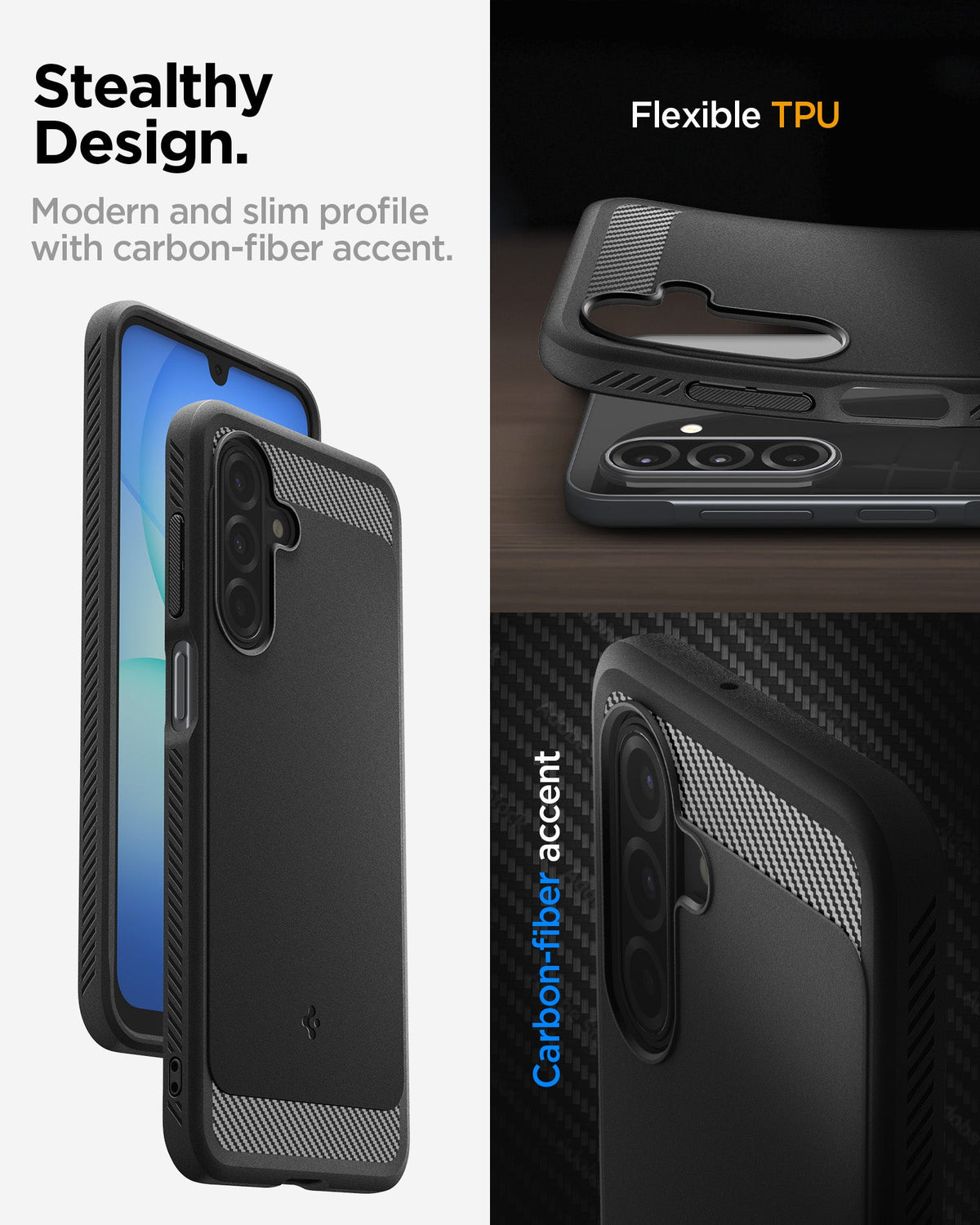 ACS09844 - Galaxy A 17 5G Rugged armor showing the stealthy design. Modern and slim profile with carbon-fiber accent with Flexible TPU and carbon-iber accent