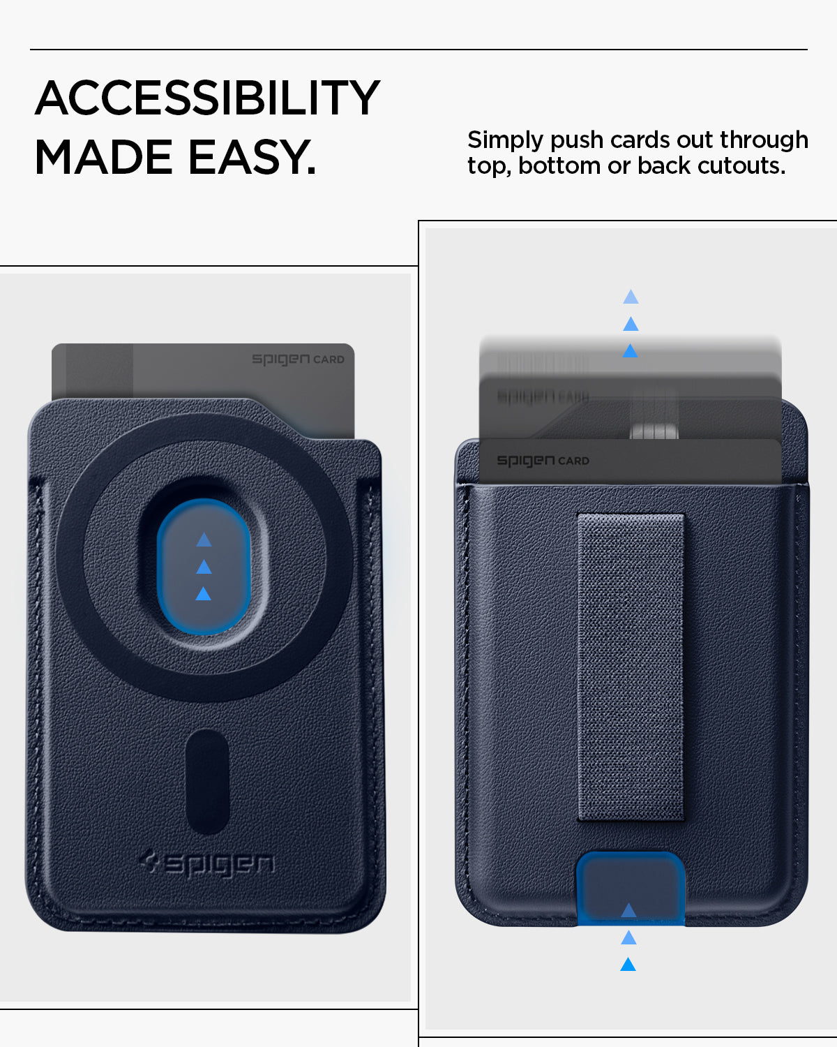 AFA10804 - MagSafe SleekBand Card Holder | 3 Cards (MagFit) in Modern Navy showing accessibility made easy. simply push cards out through top bottom or back cutouts