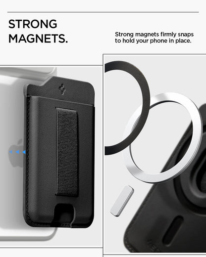 AFA10802 - MagSafe SleekBand Card Holder | 3 Cards (MagFit) in Dark Black showing strong magnets. strong magnets firmly snaps to hold your phone in place