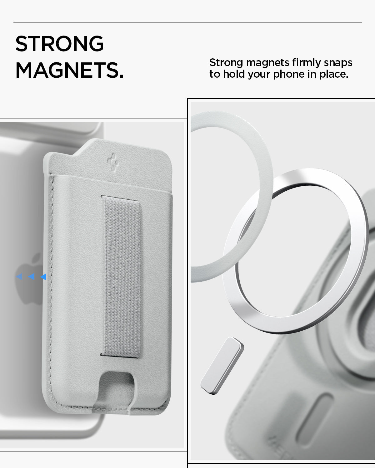 AFA10803 - MagSafe SleekBand Card Holder | 3 Cards (MagFit) in Urban Gray showing strong magnets. strong magnets firmly snaps to hold your phone in place
