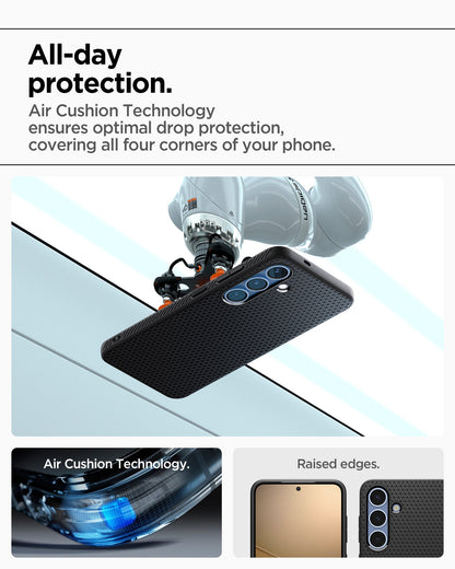 ACS09000 - Galaxy S25 Case Liquid Air in Matte Black showing the all-day protection. Air Cushion Technology ensures optimal drop protection, covering all four corners of your phone. Air Cushion Technology. Raised edges