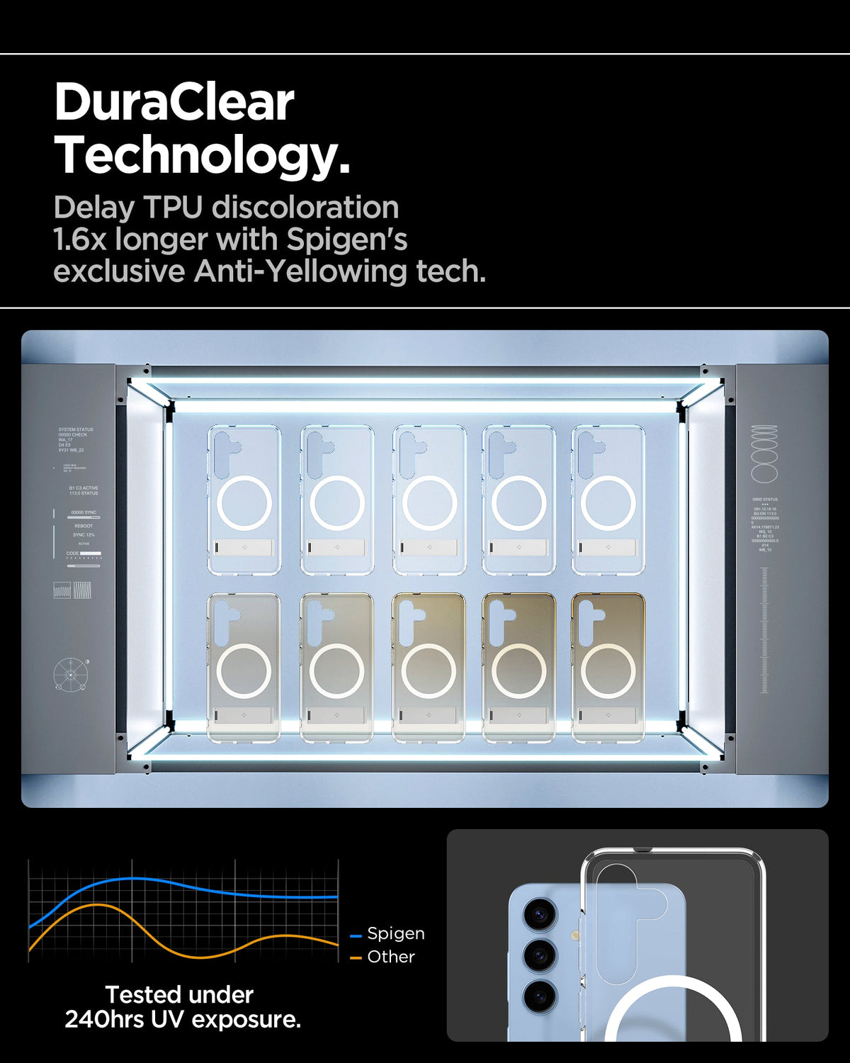 ACS09026 - Galaxy S25 Case Ultra Hybrid S in Clear White showing the DuraClear Technology. Delay TPU discoloration 1.6x longer with Spigen's exclusive Anti-Yellowing tech.