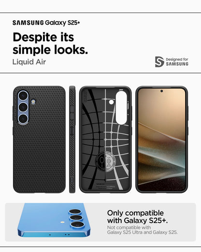 ACS08979 - Galaxy S25 Plus Case Liquid Air in Matte Black showing the compatibility. Only compatible with Galaxy S25+ and not compatible with Galaxy S25 and Galaxy S25 Ultra