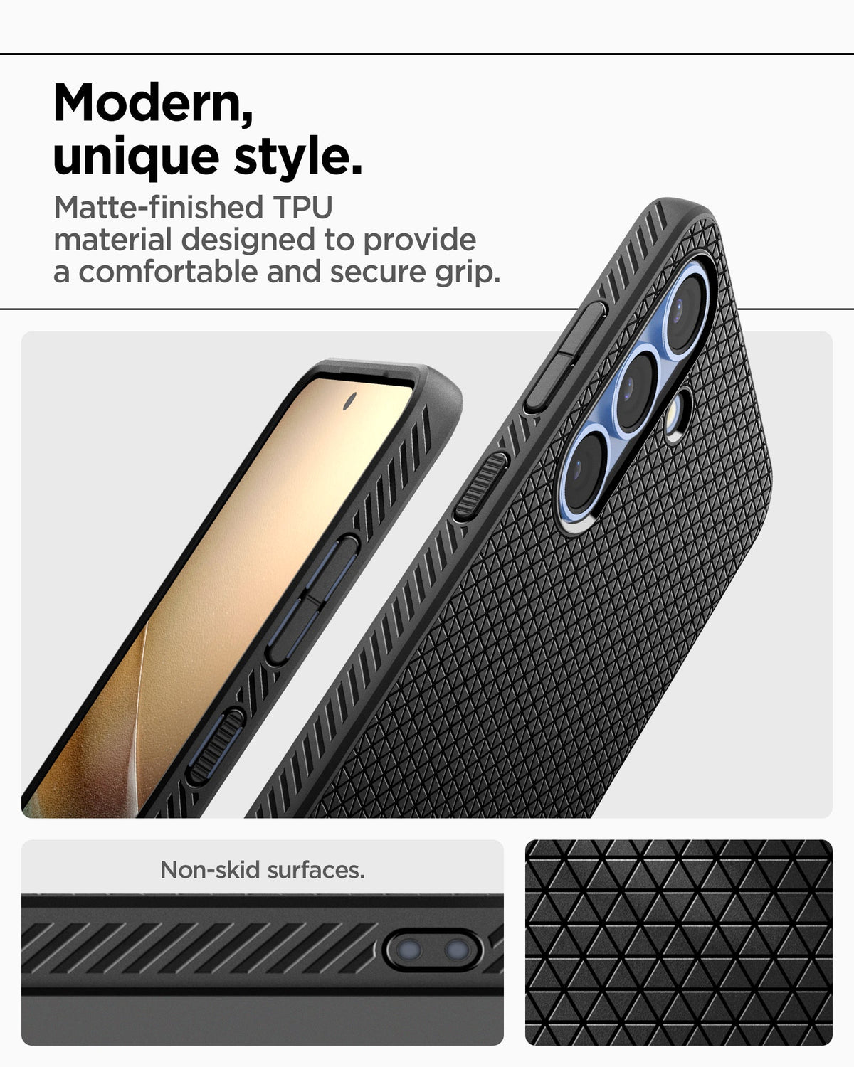 ACS08979 - Galaxy S25 Plus Case Liquid Air in Matte Black showing the modern unique style. Matte-finished TPU material designed to provide a comfortable and secure grip. Non-skid surfaces