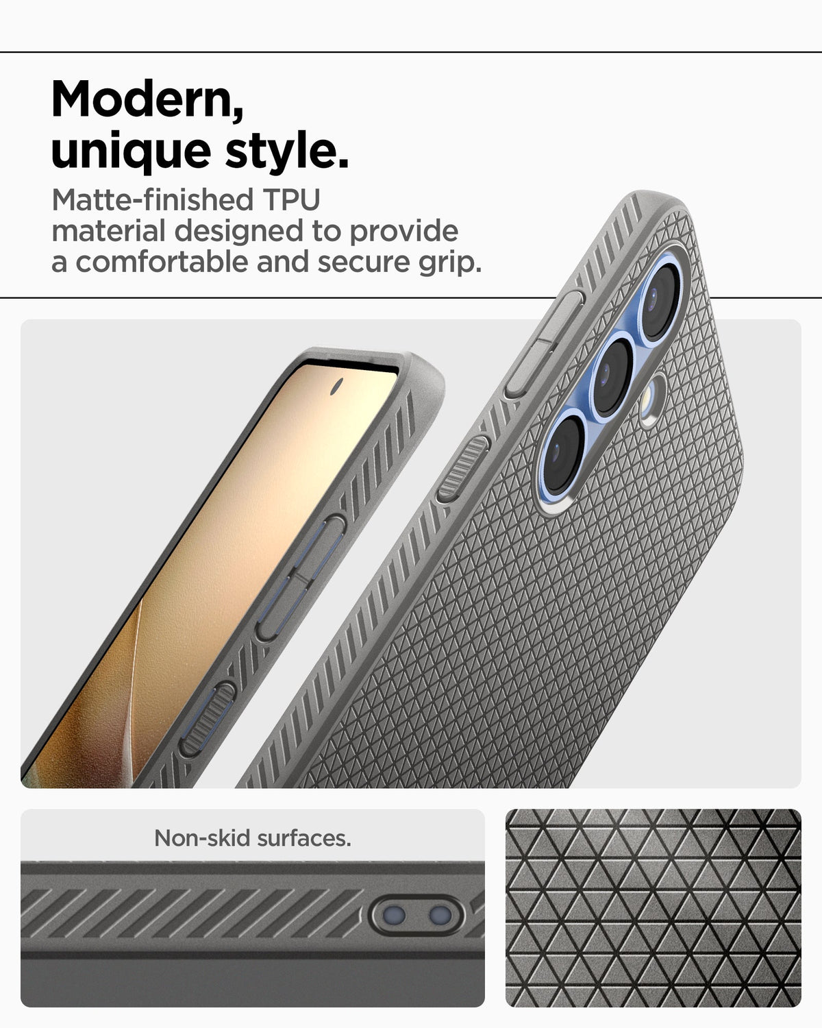 ACS08980 - Galaxy S25 Plus Case Liquid Air in Marble Gray showing the modern unique style. Matte-finished TPU material designed to provide a comfortable and secure grip. Non-skid surfaces