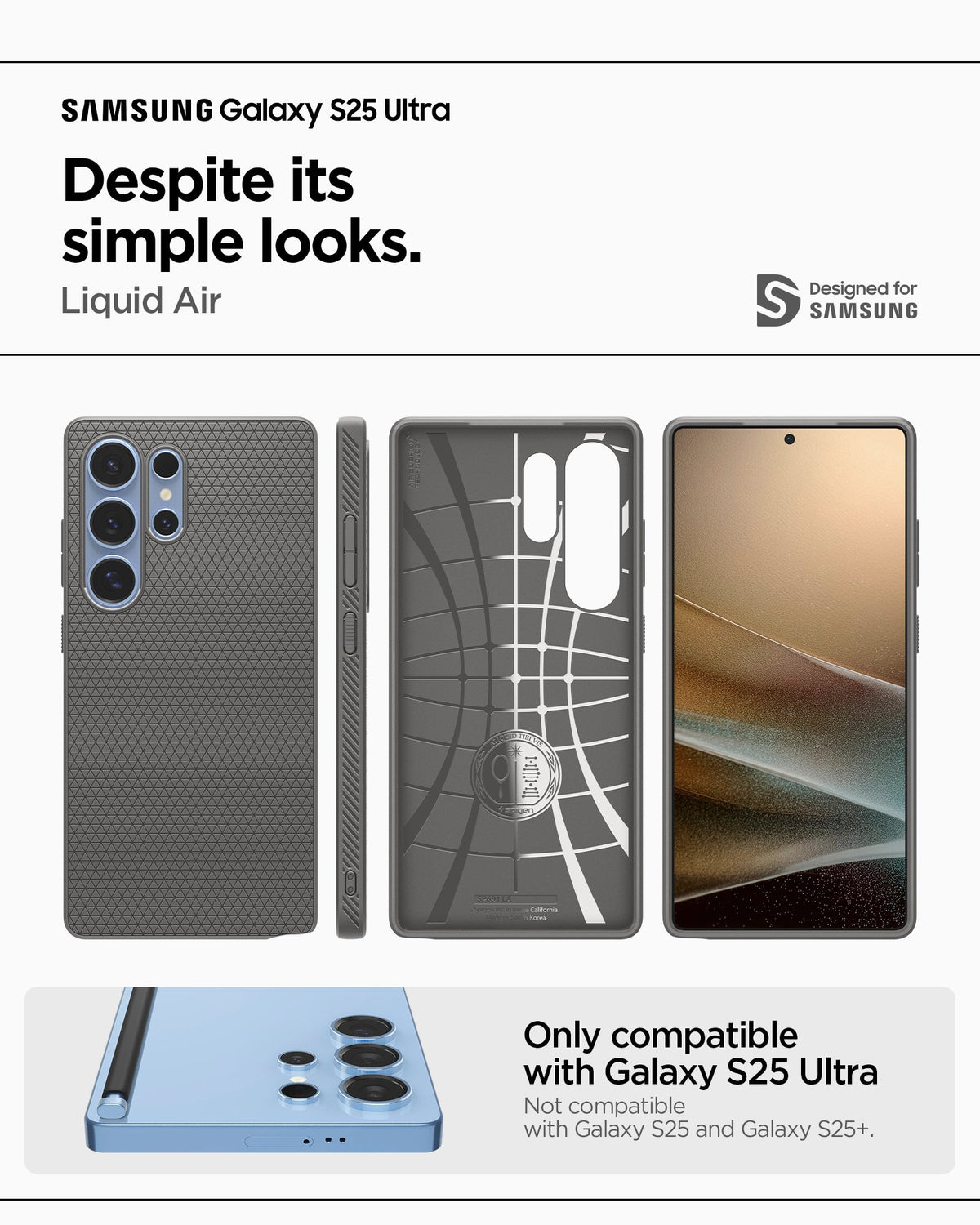 ACS08954 - Galaxy S25 Ultra Case Liquid Air in Marble Gray showing the compatibility. Only compatible with Galaxy S25 Ultra and not compatible with Galaxy S25 and Galaxy S25+